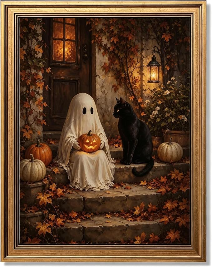 Vintage Gold Framed Halloween Wall Art, Ghosts Black Cat Decor, 12x16Inch - skull wall art