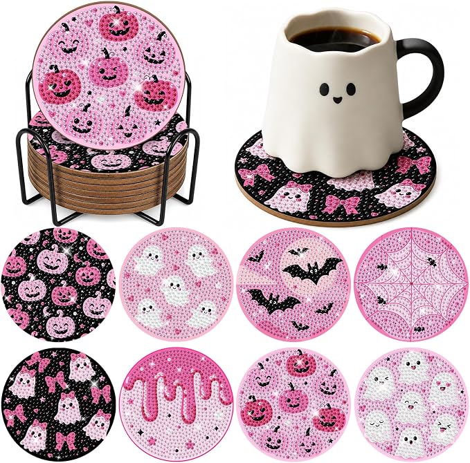 8 Pcs Halloween Diamond Art Painting Coasters Kit swith Holder DIY Pink Cute - skull coaster