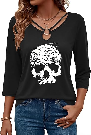 Women's Halloween Funny Graphic Cut Out Ring Keyhole Neck Shirt - skull leggings