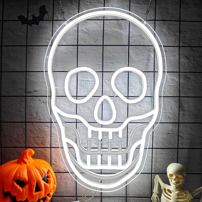 Flashing Skull Head Neon Sign Halloween Skeleton Light Up Decor
