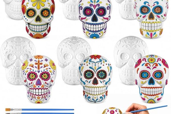 6PCS Halloween Sugar Skull Ceramic to Paint Kit DIY Plaster Figurines