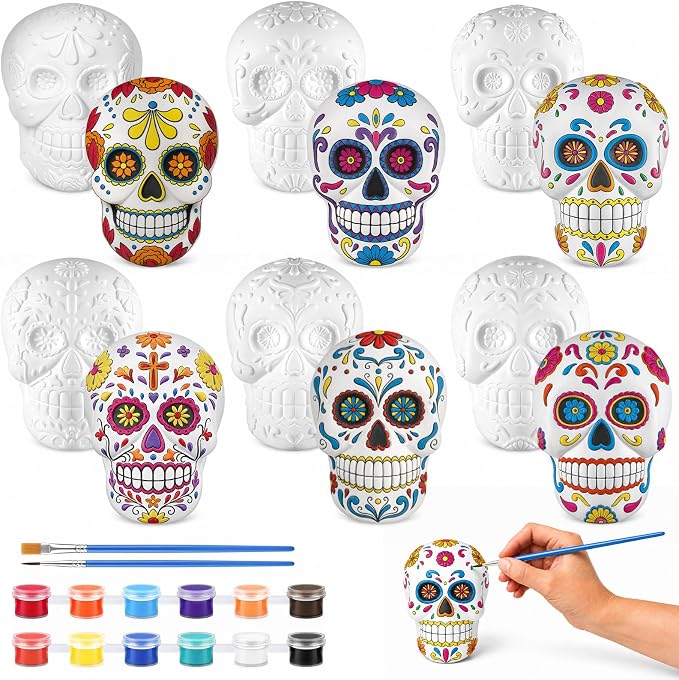 6PCS Halloween Sugar Skull Ceramic to Paint Kit DIY Plaster Figurines - sugar skull handbags for sale