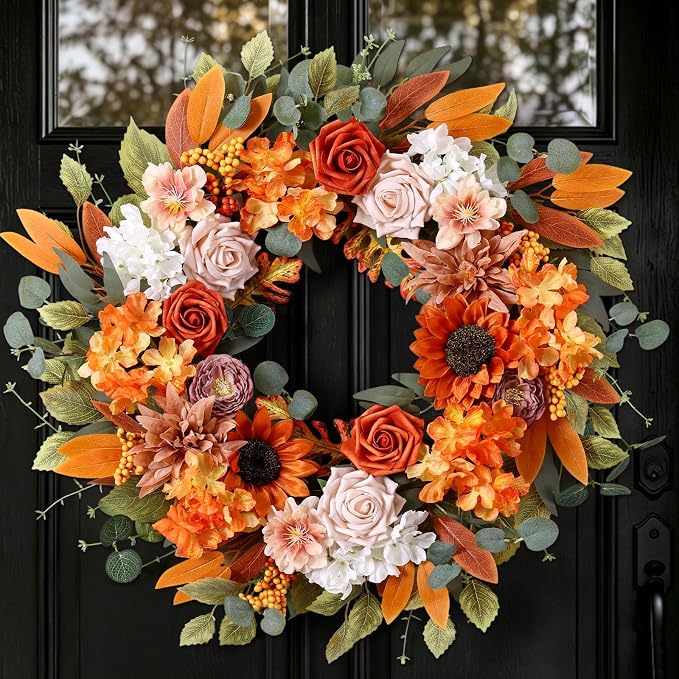 24 Inch Fall Wreaths for Front Door with Sunflowers Roses Autumn Home Decor - skull wreath