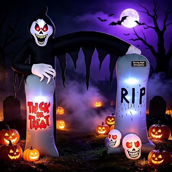 9 FT Halloween Inflatable Grim Reaper Tombstone Arch, LED Lighted - skull inflatable