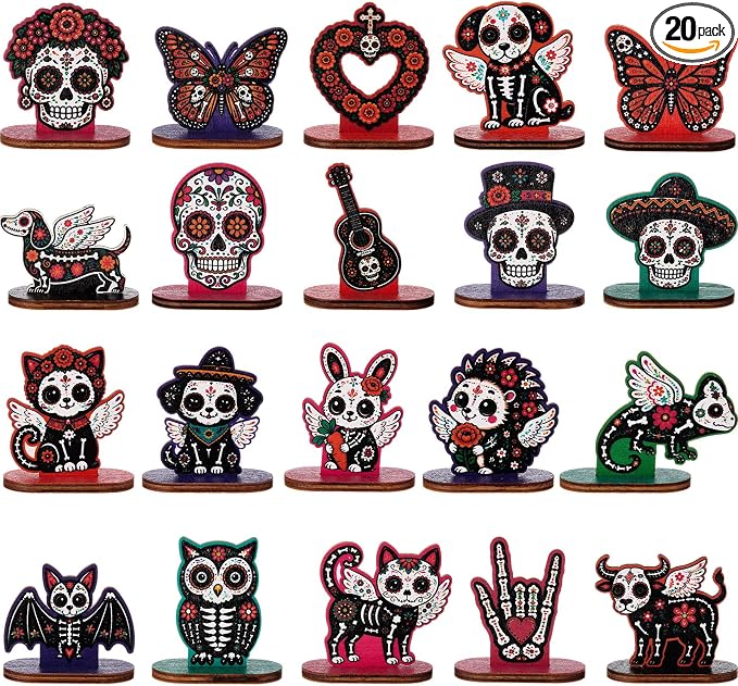 20 Pcs Dia De Los Muertos Decor Day of The Dead Wooden Table Signs - skull plate
