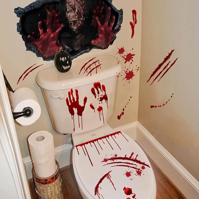 Halloween Toilet Lid Stickers Blood Handprint Toilet Seat Decals Horror Halloween Theme Bathroom Home Decor - skull toilet paper