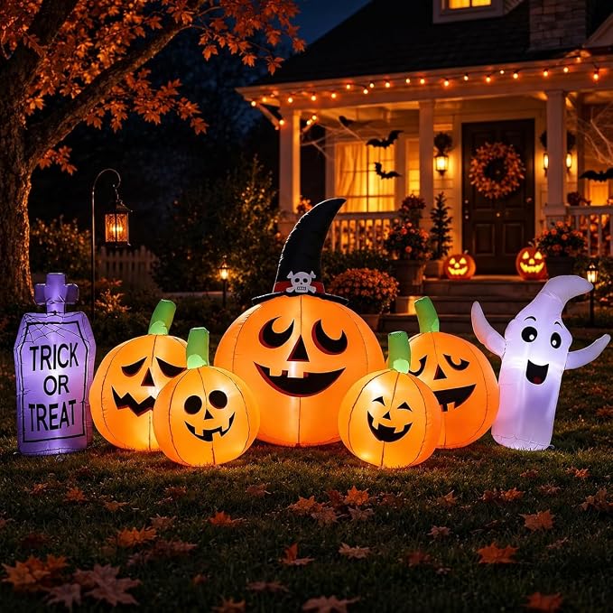 YU FENG 8FT Halloween Inflatable Ghost Pumpkin Graveyard Decoration, Blow Up Yard Decor with LED Lights for Outdoor Lawn, Garden, Porch, Front Yard, Halloween Party