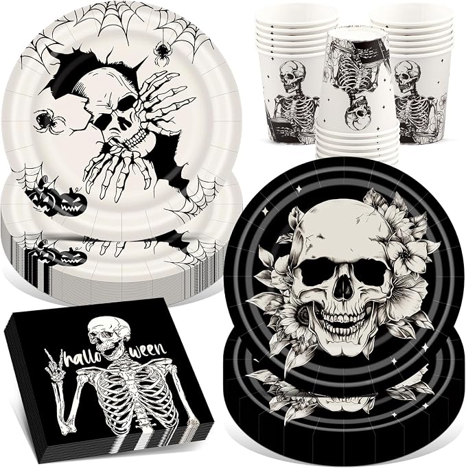 Halloween Paper Plates Set 100 Pcs - Include Plates Cups Napkins - skull plate