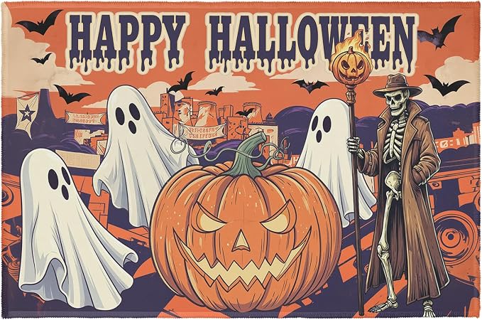 Happy Halloween Area Rug Orange Pumpkin Kitchen Rug Spooky Ghost Rugs 24x35 Inch Jack-O'-Lantern Washable Mat Skeleton Skull Entryway Rug for Kitchen Bathroom Front Door Entrance - skull toilet mat
