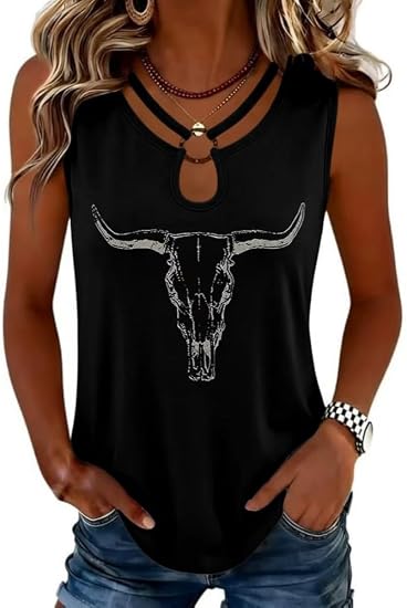 Womens Gradient Notched Neck Casual Tank Tops Novelty Sleeveless Shirts Funny Graphic Tee Vests - skull tank tops