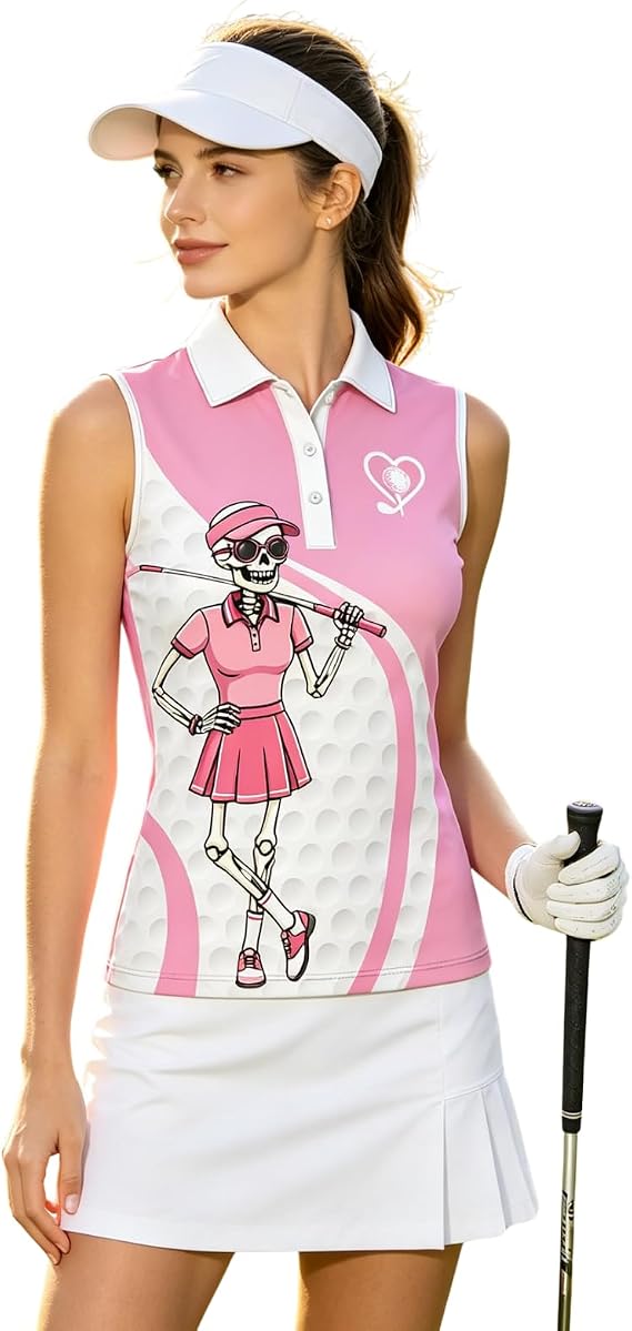 Women's Sleeveless Golf Polo Shirt, Funny Golf Shirts Button - skull tshirt