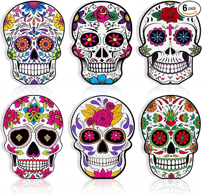Thyle 6 Pcs Day of The Dead Sugar Skull Table Decorations, Wooden, Retro - skull wreath