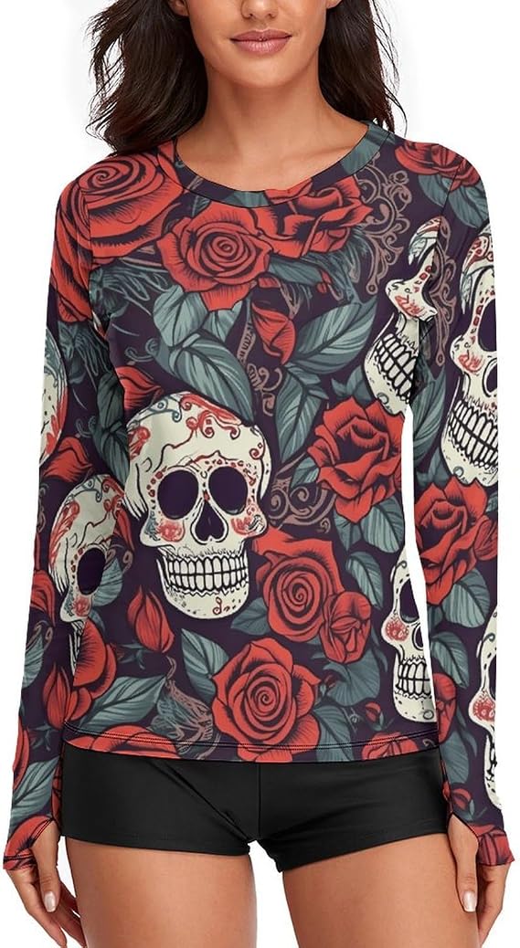 Sugar Skulls Rash Guard for Women Protection Long Sleeve - skull tshirt