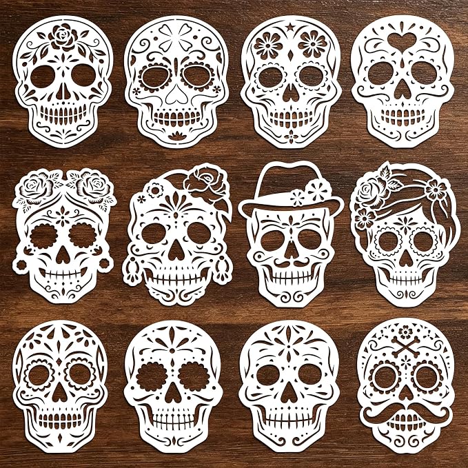 Konsait 12 PCS Reusable Sugar Skull Stencils for Painting on Wood, Day of The Dead Stencil Templates Dia De Los Muertos Painting Stencils for Home Wood Wall Fabric - skull painting
