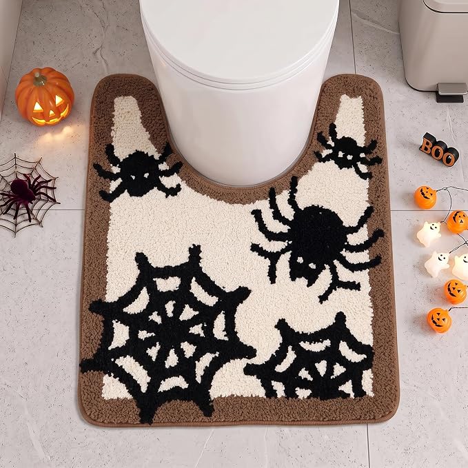 Halloween U-Shaped Toilet Mat，Soft Fluffy Microfiber Spider Pattern Bath Mat，Non-Slip Absorbent Decorative Bathroom Toilet Base Rug，Machine-Washable Mat for Toilet Bases Measuring 21.7” x 19.7”