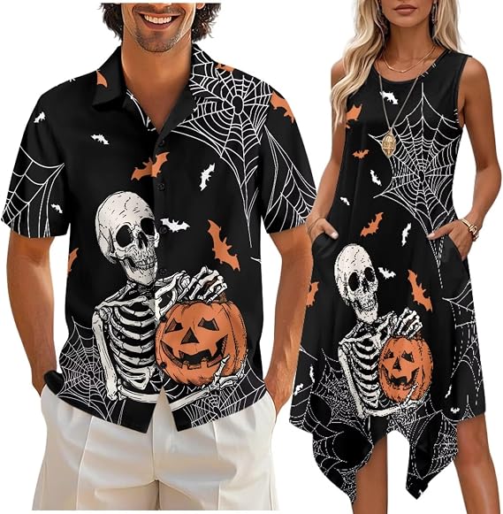 doginthehole Matching Hawaiian Outfits for Couples Men's Button Down Shirt Sleeveless Sundresses Summer Dress for Women - sugar skull dress