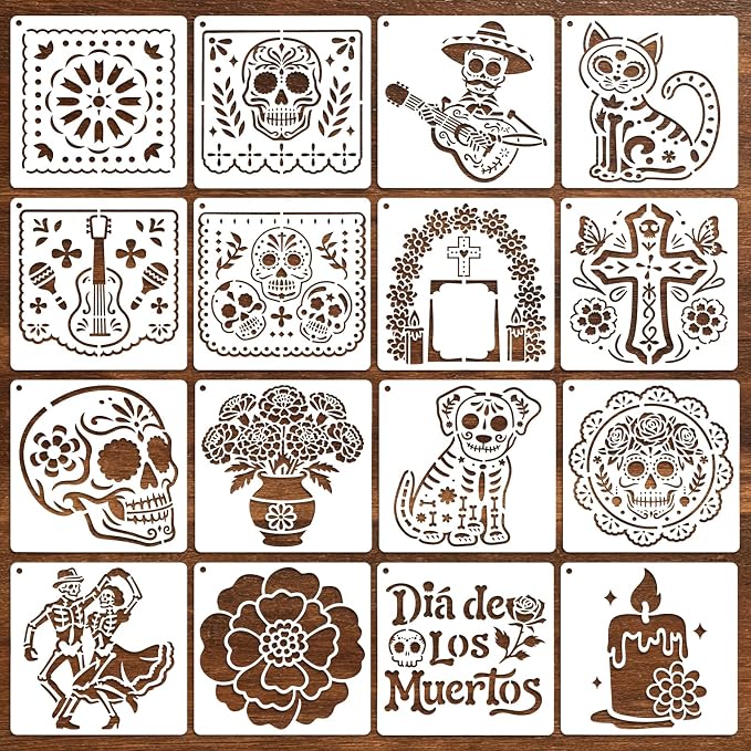 Konsait 16 PCS Day of The Dead Stencils for Painting on Wood, Reusable Sugar Skull Stencil Templates Dia De Los Muertos Painting Stencils for Wood Wall Fabric Home Day of the Dead Decor - skull wall art