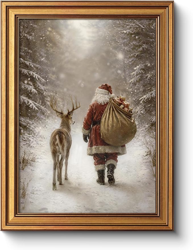 WHASAYART Santa Reindeer Walking Snowy Forest Framed Canvas Wall Art 12x16 - skull wall art