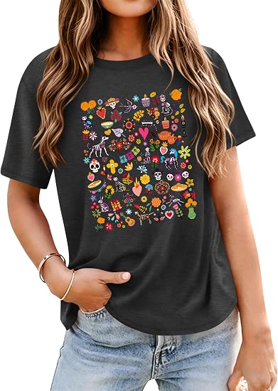 Ithalt Dia De Los Muertos Shirt Women Day of Dead T Shirt Sugar Skull Top - skull tshirt