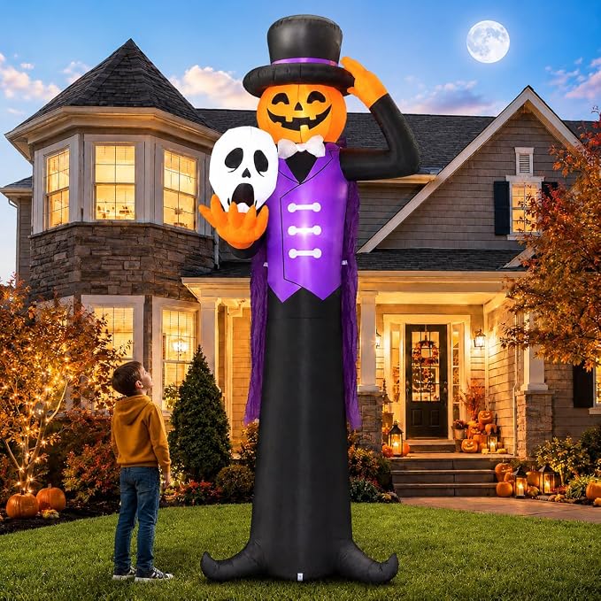12FT Giant Halloween Inflatables Pumpkin Gentleman Ghosts Outdoor Decorations, Giant Blow Ups with Build-in LED Lights, Scary Yard Garden Decoration for Halloween Party Indoor Outdoor