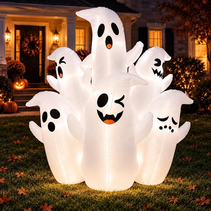5FT Halloween Inflatables Cute Ghosts Outdoor Decorations, Stacked Blow Up Ghosts with Built-in LED Lights, Outdoor Yard Decor for Front Porch Lawn Halloween Night Party - skull inflatable