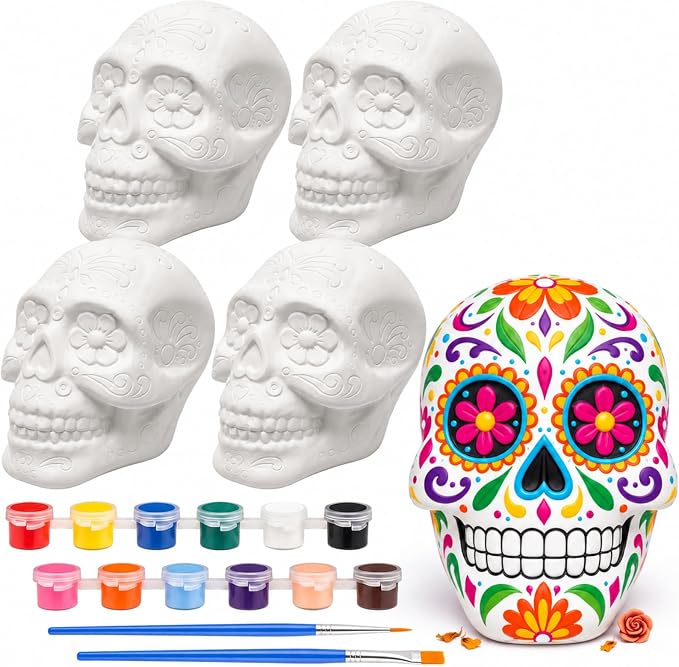 Thenshop 4 Pack 4'' Halloween Skull Ceramic to Paint Crafts for Kids Adults - skull painting
