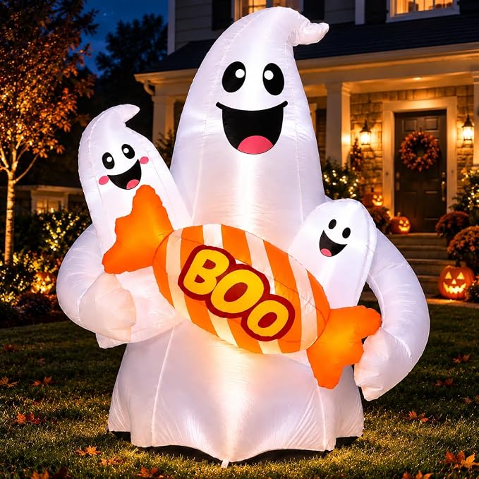 6FT Halloween Inflatable Ghosts Outdoor Decorations, Cute Ghosts Holding Boo Candy, Blow Up Yard Decoration with Bright LEDs & Stakes, Outdoor Decor for Lawn Garden Family Party - skull inflatable