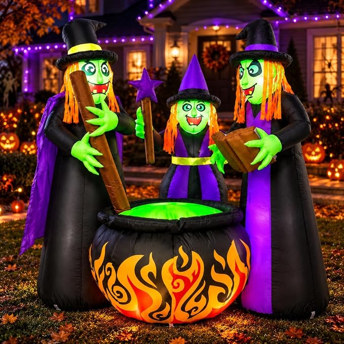 6 FT Halloween Inflatables 3 Witches Around Cauldron Outdoor Decorations, Scary Blow Ups with Build-in LED Lights, Yard Garden Decoration for Halloween Party Indoor Outdoor - skull inflatable