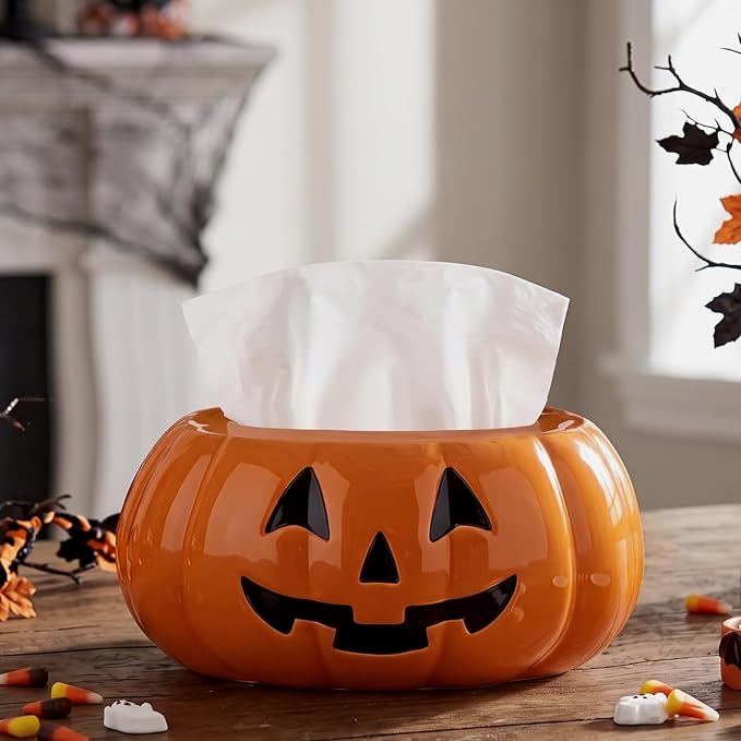 Halloween Pumpkin Tissue Box Cover Ceramic Table Decor Tissue Holder - skull toilet paper