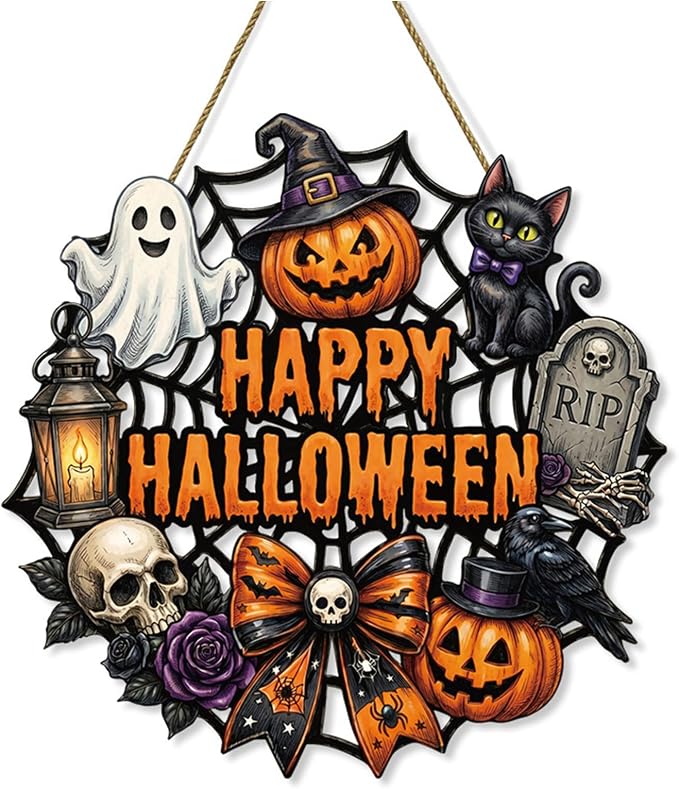 Vintage Happy Halloween Wreath,Skull Pumpkin Ghost Hanging Decor - skull wreath