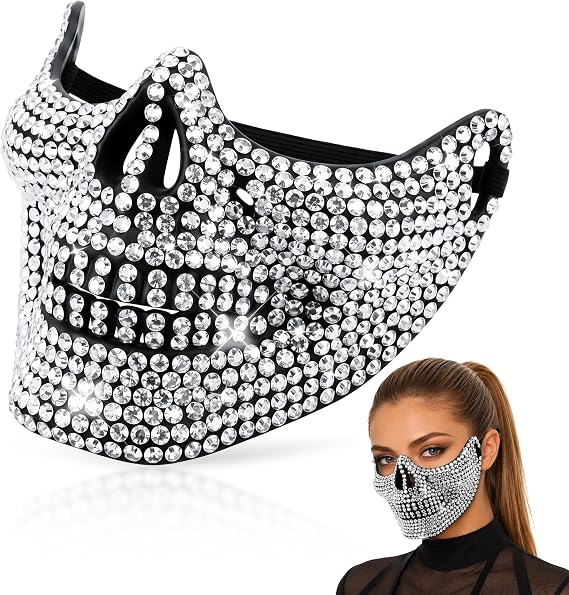Meonum Bling Rhinestone Skull Half Mask, Rhinestone Halloween Face Mask - sugar skull costume