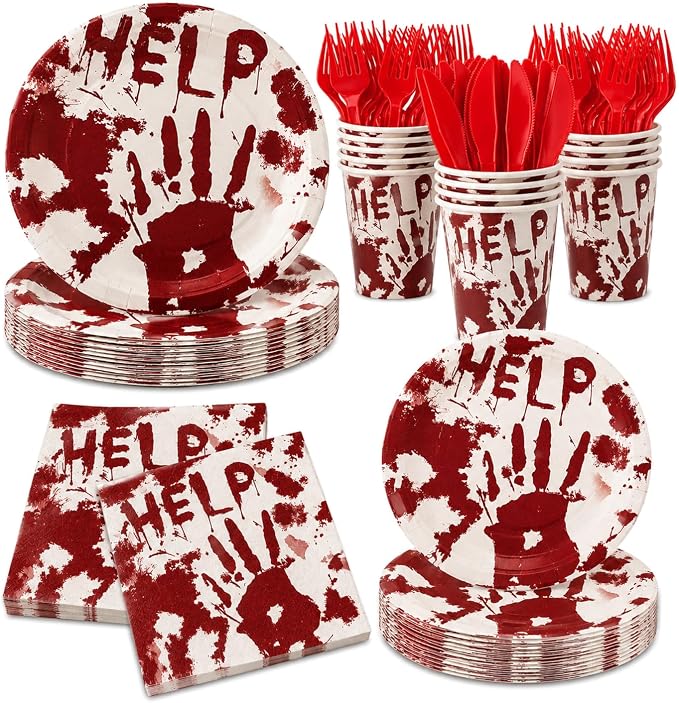 Halloween Party Supplies Dinnerware Decorations 144PCS Halloween Birthday Party Decorations Tableware Set Scary Bloody Plates Napkins Cups Forks, Knifes Haunted House Party Supplies Serves 24 Guests - skull plate