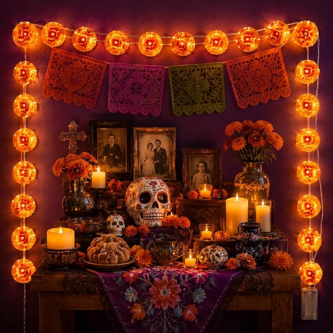3 Pack Day of The Dead Marigold Garland with LED Lights for Diwali Dia de Los Muertos Ofrenda Decorations Orange Garland Battery Operated for Fall Halloween Decor - skull wreath