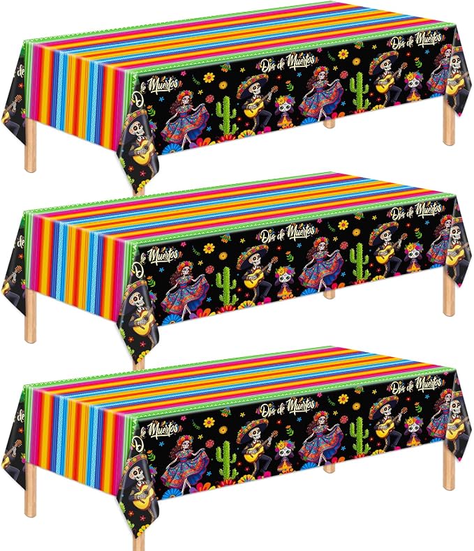 3 Pcs Day of the Dead Tablecloth - Dia De Los Muertos Plastic Table Cloth, 54 x 108 Inch Sugar Skull Floral Disposable Rectangle Table Cover for Halloween , Taco Night , Mexican Fiesta Party Supplies - skull plate