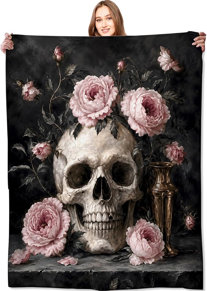 Gothic Rose Skull Flannel Blanket,Soft Throw 50×60 in