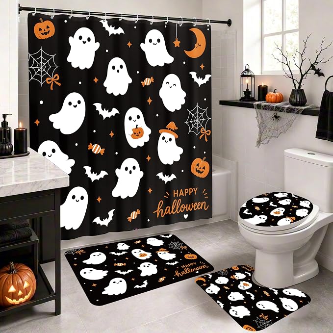 4 Pcs Halloween Shower Curtain Set - skull toilet mat