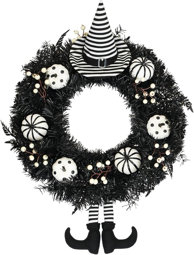 24″ Halloween Wreath for Front Door with Hat, Legs, Pumpkins
