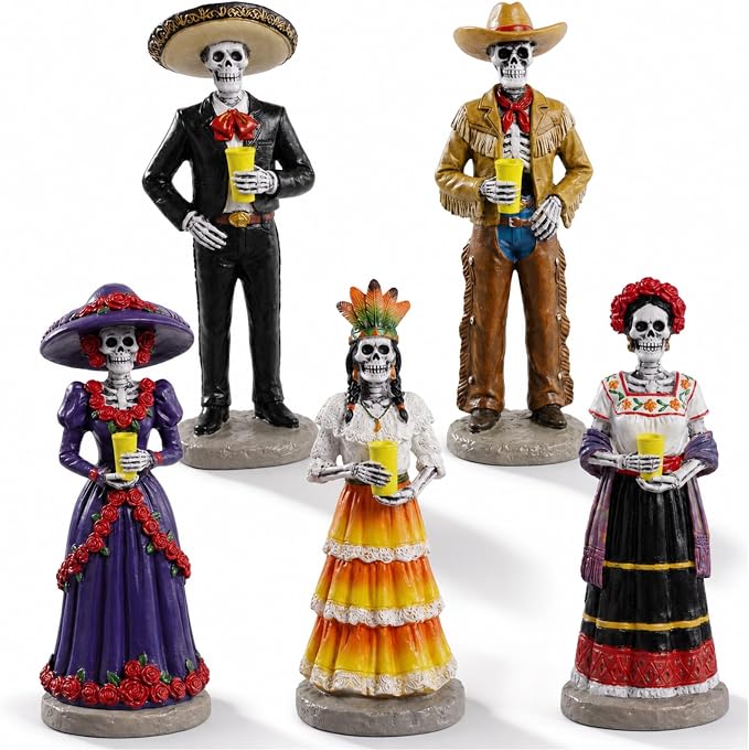Pinkunn 5 Pcs Day of the Dead Figurines, Skeleton Resin Decor - skull figurine