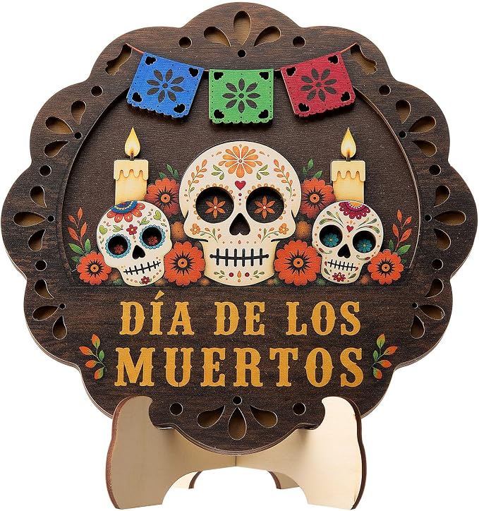 Yalikop Dia De Los Muertos Wooden Round Sign with Stand Ofrenda - skull candle