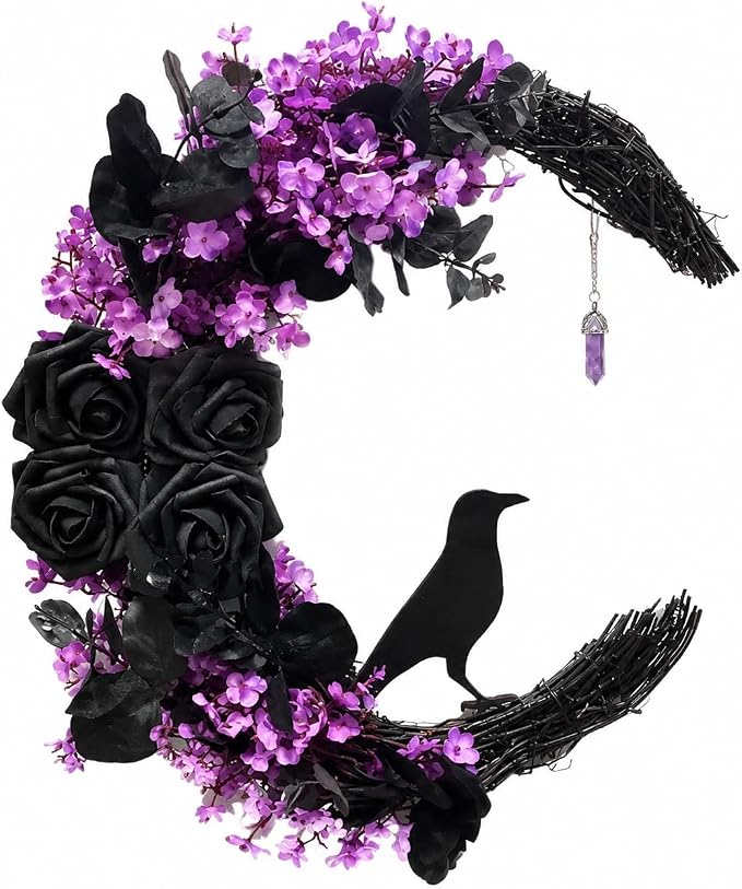 Gothic Crescent Halloween Wreath with Black Roses - skull wreath