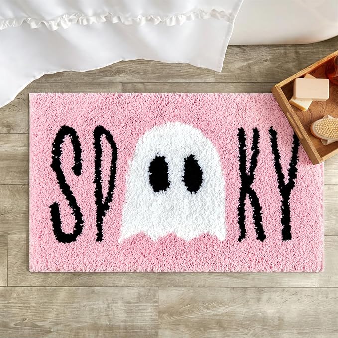 RoomTalks Spooky Halloween Bath Mat for Bathroom Non Slip Washable, 16’’W x 24’’L Gothic Spirit Ghost Bath Rug Microfiber Absorbent Fun Cute Pink Aesthetic Girls Halloween Bathroom Mat Decorations