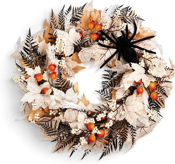 22" Halloween Wreath for Front Door with Spider, Maple Leaf - skull wreath