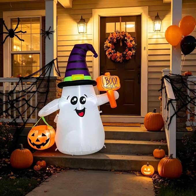 5FT Halloween Inflatables Ghost Outdoor Decorations, Blow Up Yard Cute Wizard Ghost Holding BOO Sign & Pumpkin Lantern, Inflatable Ghost with Built-in LEDs for Garden Lawn Indoor Halloween Party Decor