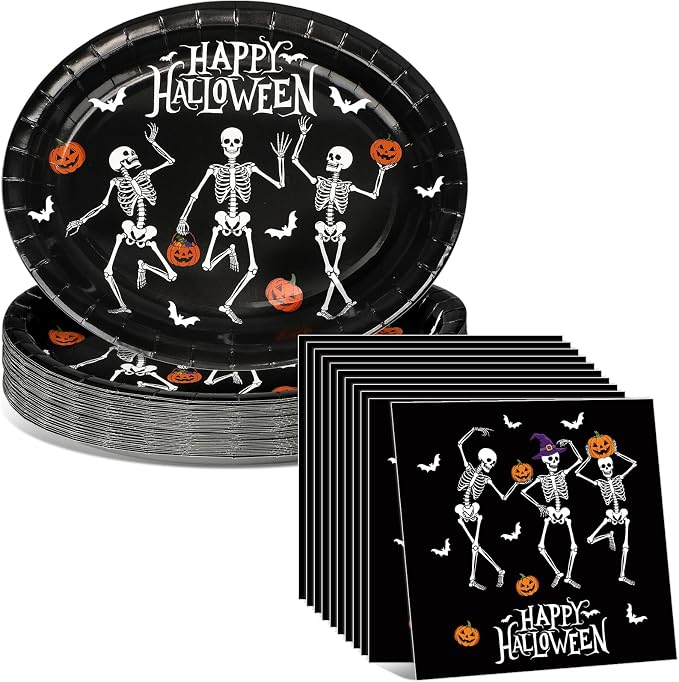 50 Pcs Halloween Paper Plates and Napkins Set 10 x 12 Inch - skull plate
