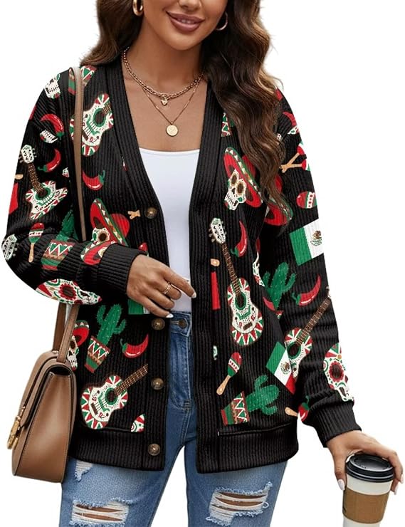 Long Sleeve Button Down V Neck Knit Cardigan for Women - skull sweatshirts