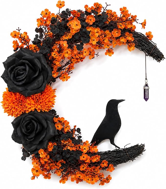 Halloween Wreath for Front Door, Crescent Moon Wreath, Raven Decor - skull wreath