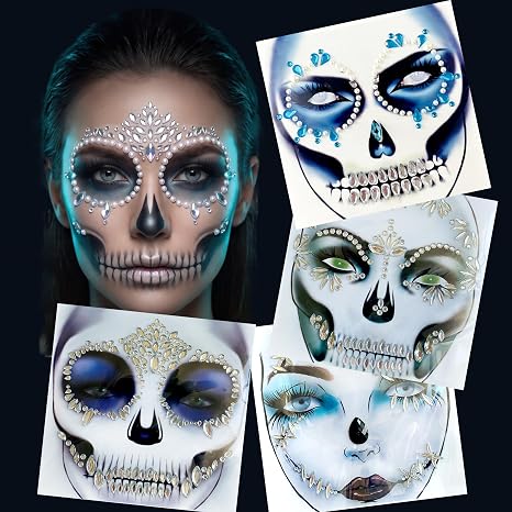 Kotbs Halloween Face Gems & Day of the Dead Skull Jewels, 4-Pack - skull sticker