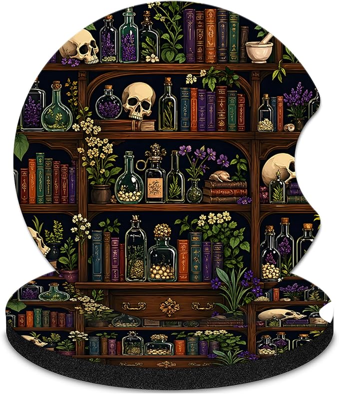 Car Coasters for Cup Holders，2.56" Anti Slip Rubber Mat with A Finger Notch, 2 Pack Car Cup Holder Coasters for Car Interior Accessories for Women Men Gothic Skull Bookshelf - skull coaster