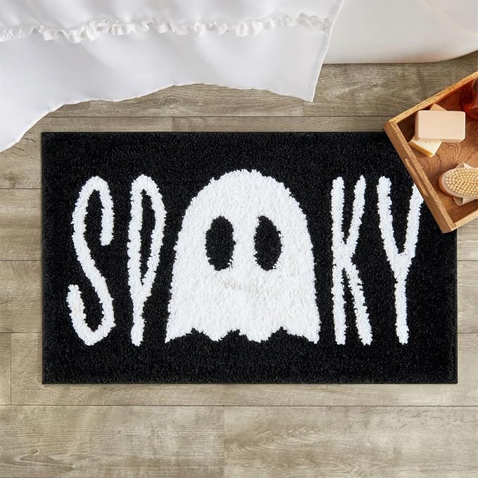 RoomTalks Spooky Halloween Bath Mat for Bathroom Non Slip Washable, 16’’W x 24’’L Minimalist Black Gothic Spirit Ghost Bath Rug Microfiber Absorbent Fun Creepy Halloween Bathroom Mat Decorations