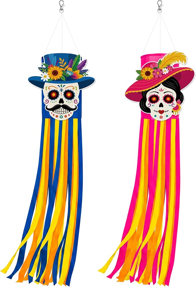 2PCS Day of The Dead Windsocks Outdoor Decorations Dia de Los Muertos - sugar skull costume
